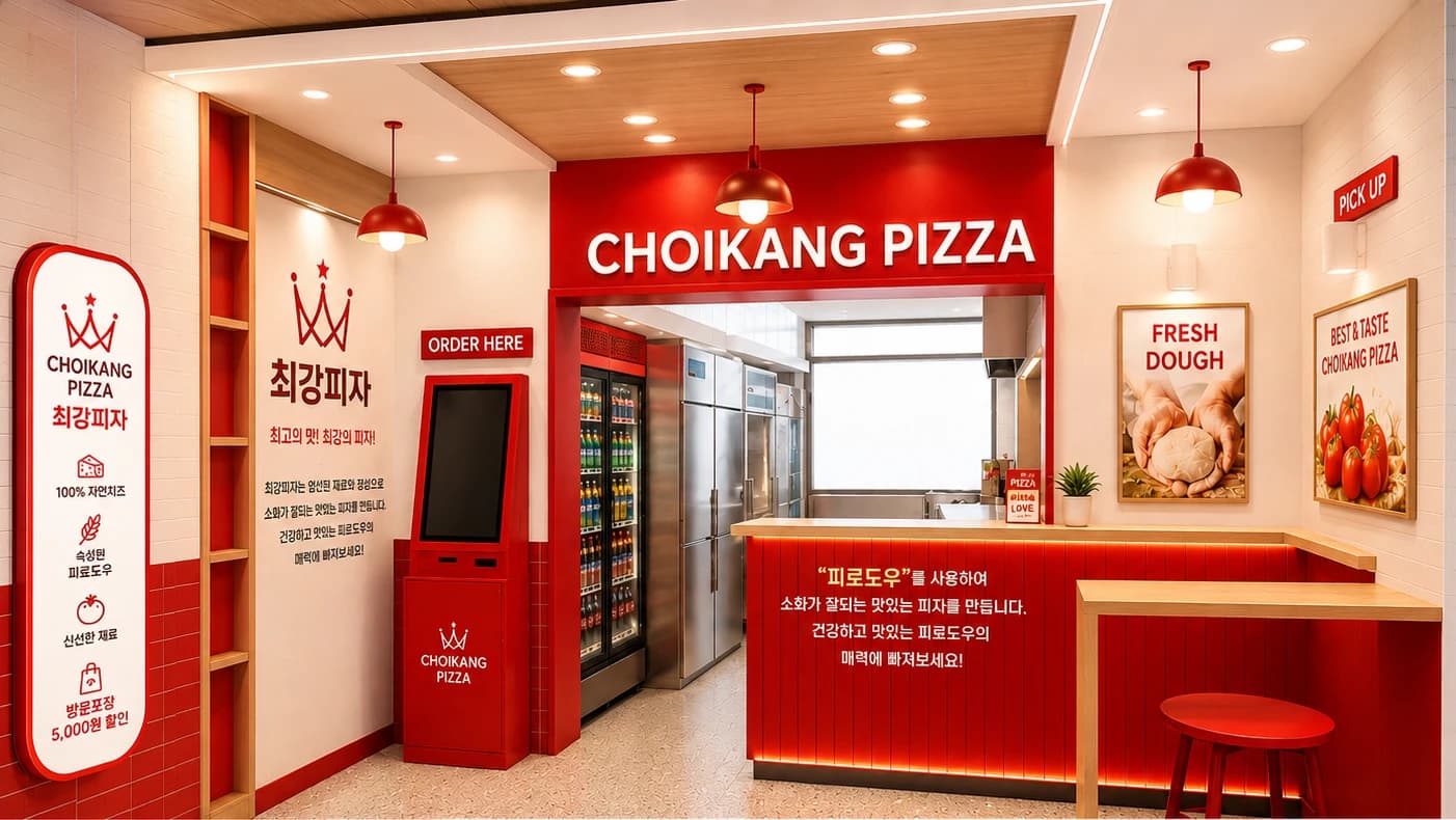 최강피자 매장 인테리어 — 키오스크와 픽업 카운터