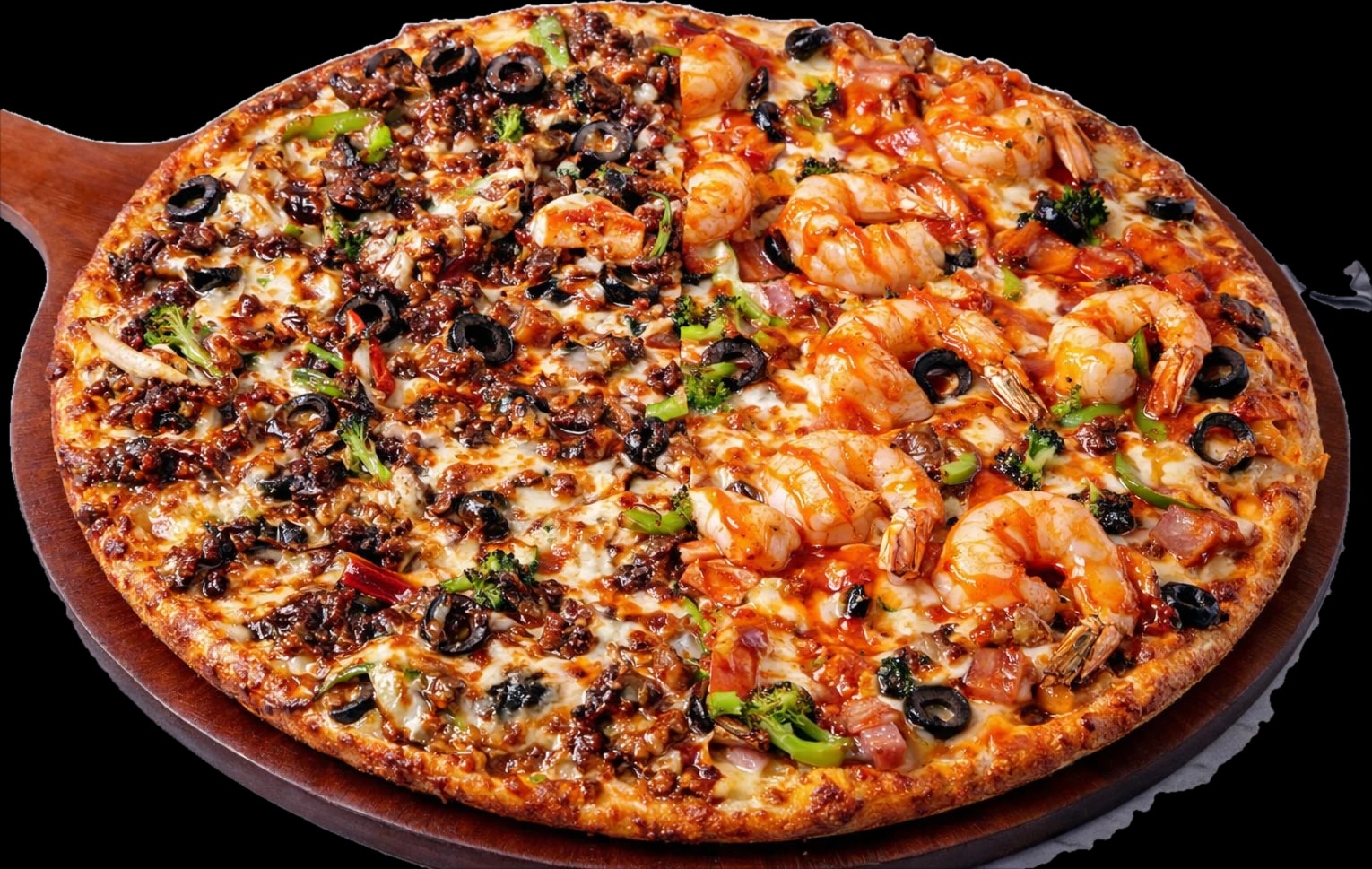 최강피자 대표 메뉴 최강 마스터 피자 — 숯불갈비 반, 통새우 반 한 판